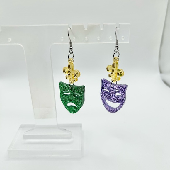 Mardi Gras Colorful Glitter Fleur-de-Lis and Mask Earrings Set of 2 - Picture 2 of 6